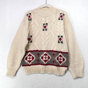 Vtg SML Sport Sweater Women M Cream Nordic Cable Hand Knit Wool Blend Boho